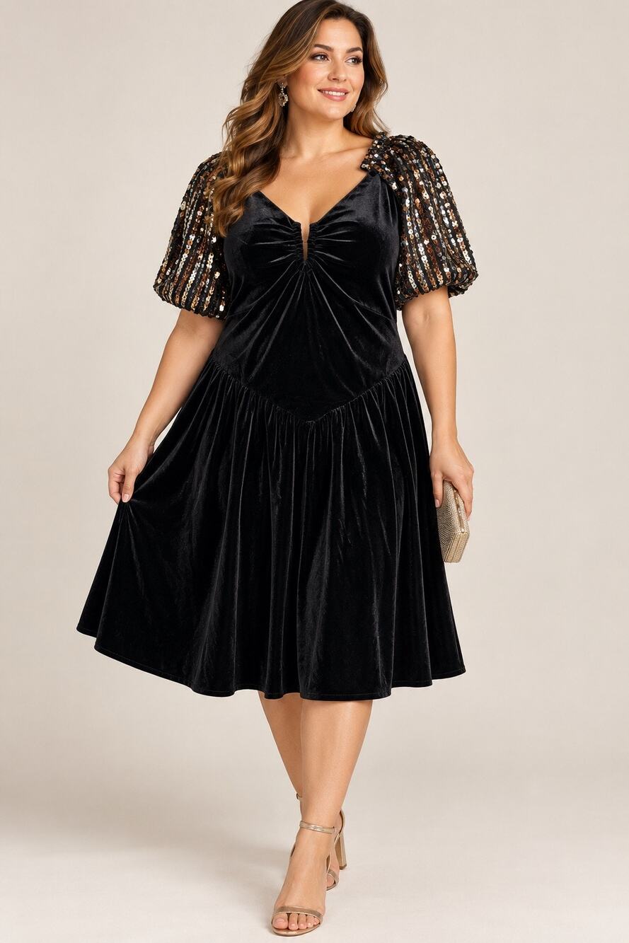 NWT Skies Are Blue Curvy Velvet Sequin Puff Sleeve Dress Black Bronze 1X